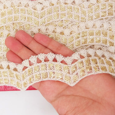 Nine Yards Off White Scallop Lace Trim Embroidered with Gold Sequins, Cutwork Trim, Scallops Wedding Trim